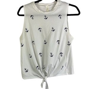 Atticute Sleeves Anchor Tie Front Sleeveless Crop Tee White Blue Nautical Small